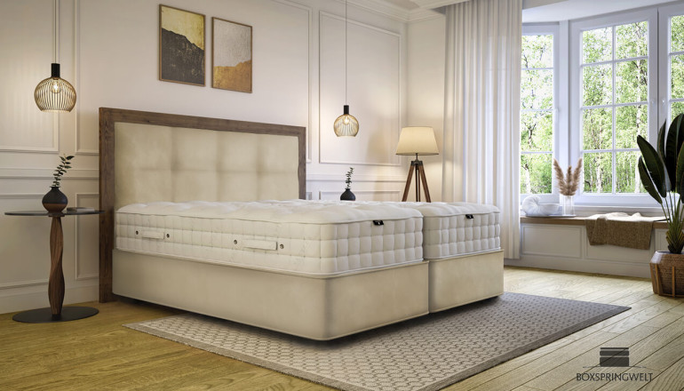 Lit boxspring Amalia en beige avec aspect flottant