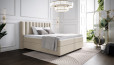 Lit Boxspring Diana 160 x 240 cm en housse Mine Beige. Tête de lit avec saillie latérale. Pieds ronds en noir