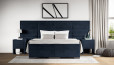 Lit Boxspring Vincent 200 x 200 cm en Adore Indigo avec tête de lit de 300 cm de large